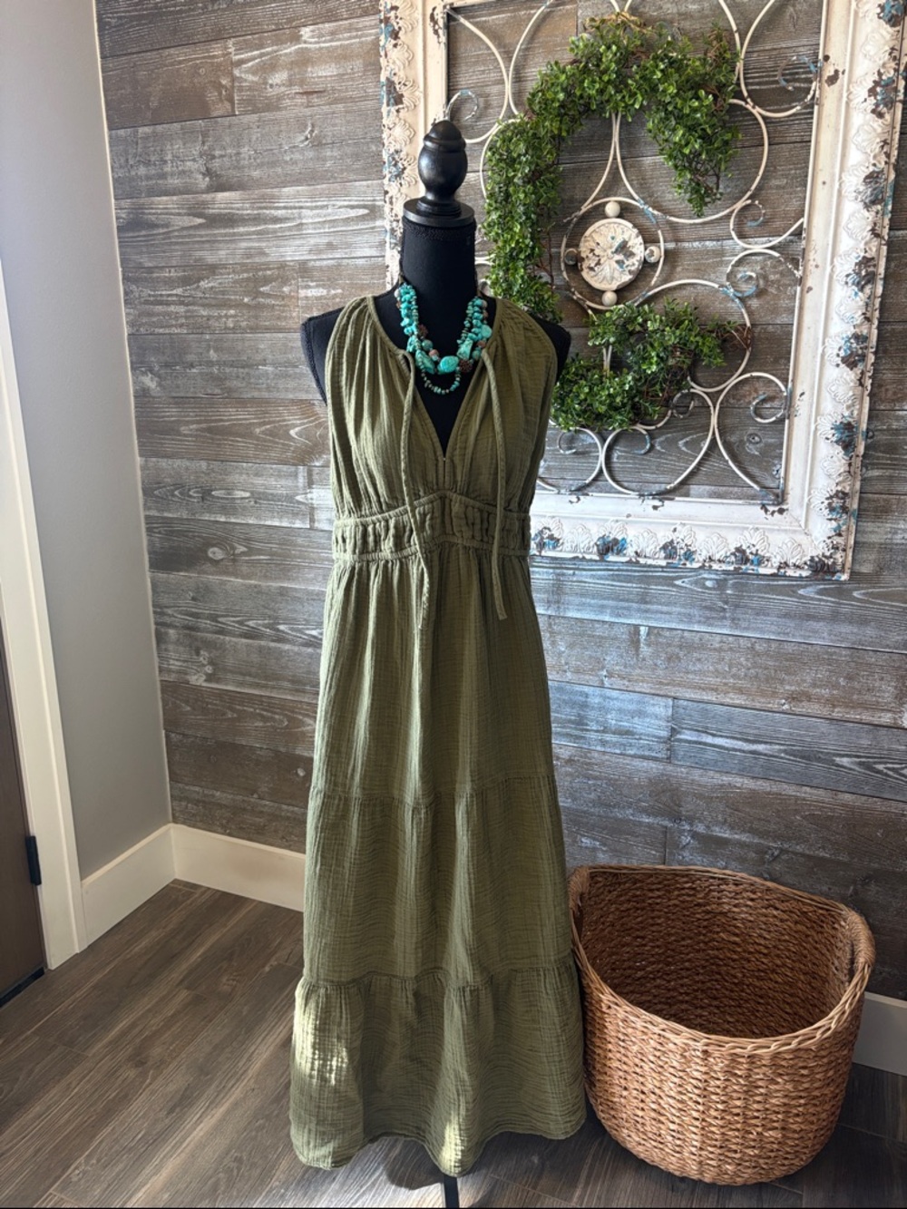Old Navy (Size M) Women’s Olive Green Tiered Maxi Dress - 100% Cotton